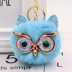 NEW Fuax Fur Fluffy Owl Keychain Key Ring Bag Charm Blue